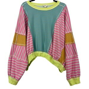 BiBi Size Medium Sweatshirt Pink Blue Striped Patchwork Cropped Pullover Retro